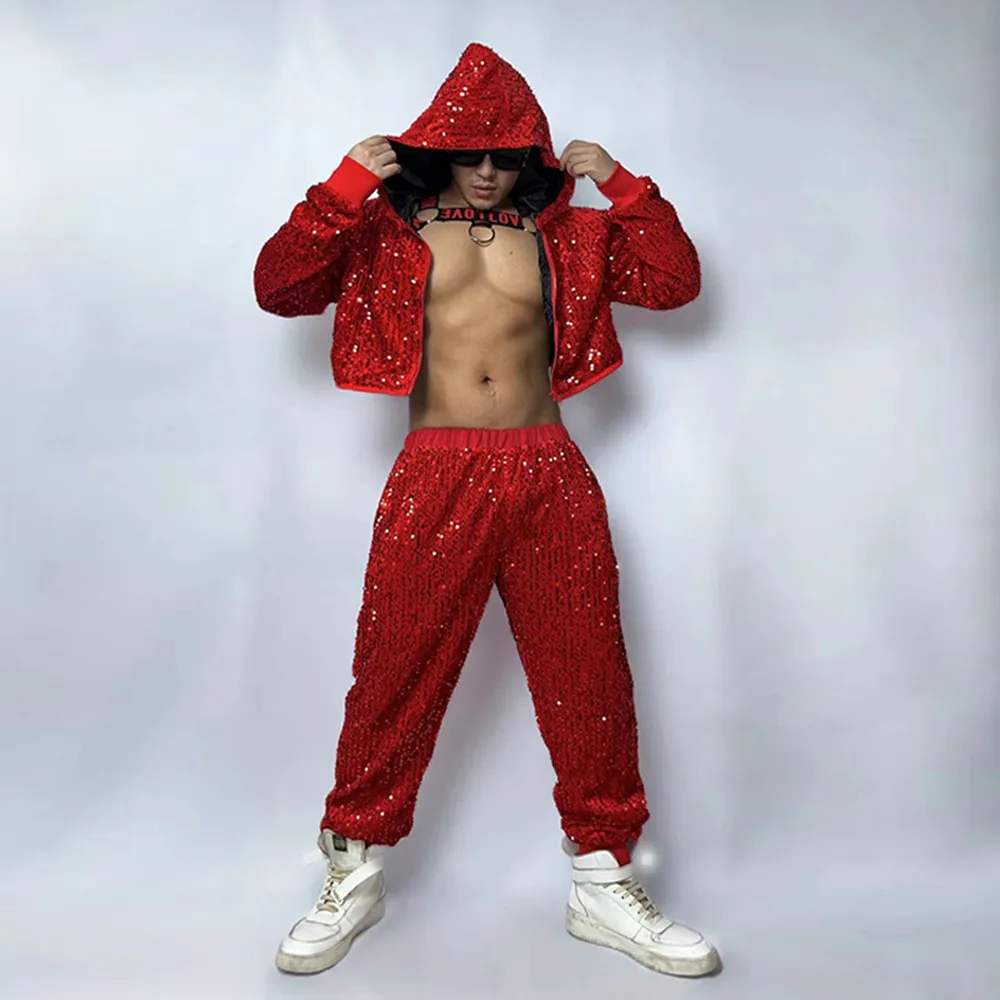 Muži Tanečník Hip Hop Výkon Oblečenie Tím Jazz Dance 2 Dielna Sada Červené Flitre Kapucí Bunda, Nohavice Rave Oblečenie Fáze Nosenie Obrázok 0