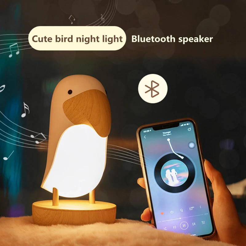 Drevené Vták Nočné Svetlo s Bluetooth Reproduktor USB Nabíjateľné LED stolná Lampa pre Dieťa Deti Spálňa Dekoratívne Nočné Lampy Obrázok 0