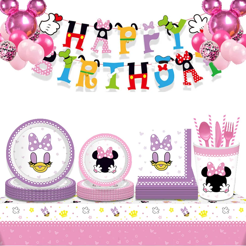 Nové Disney Ružová Fialová Minnie Mouse Baby Girl Krst Party Dekorácie Dievča Prospech Jednorázový Riad Narodeninovej Party Supplie Obrázok 3