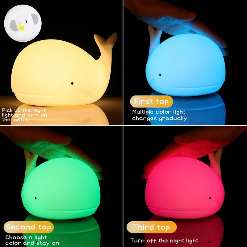 Silikónové Veľryba Nočné Lampy, Tvorivé LED Nočné Osvetlenie, USB Nabíjateľné Farebné Poklepal Svetlo Spanie Lampa Atmosféru Svetlá Obrázok 3