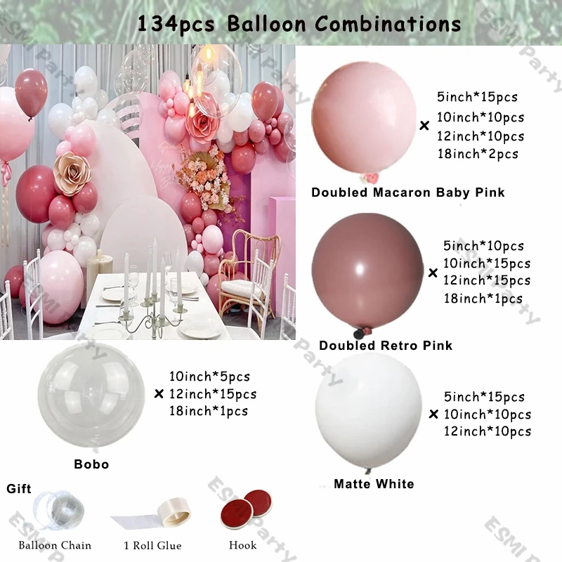 134pcs Zdvojnásobil Retro Pastel Balóny Garland Arch Svadobné Sprcha Svadobné Dekorácie Baby Pink White Ballon Narodeninovej Party Decor Obrázok 2