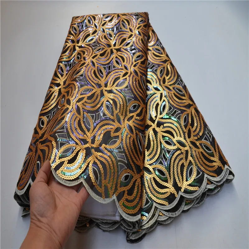 Vysoká kvalita Africkej strane rezu dvojité organza čipky textílie v Zlate s jemnými flitrami výšivky na šaty OLP-240 Obrázok 3