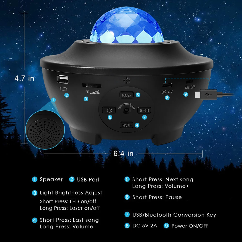 Nové Inteligentné Otočná Nočné Svetlá pre Deti Sky 360 LED Hudobné Hviezdy Svetlo Projektora Strana Dekoratívne Svietidlá Detí Darček Obrázok 2
