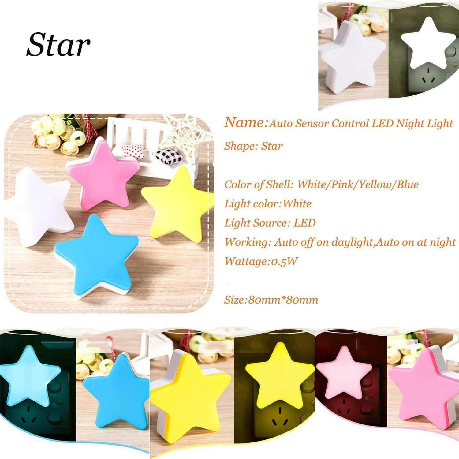 10Pcs/veľa Mini Star LED Nočné Svetlo senzorov Nástenné svietidlo US/EU Plug Obrázok 3