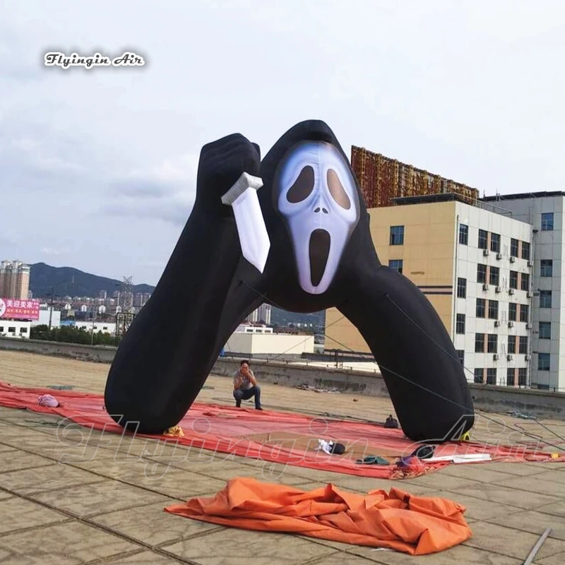 Hrozné Halloween Nafukovacie Smrti Arch 5m Black Obrie Vzduch Vháňaný Biela Lebka Maska Dvere S Nožom Na spoločenské Noc Výzdoba Obrázok 1