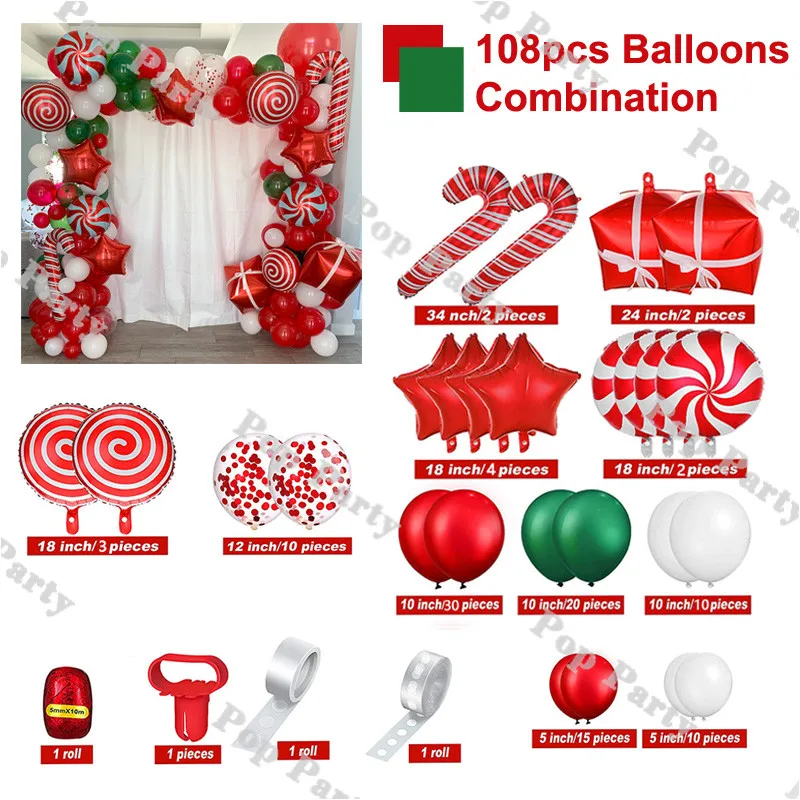 Vianočné Balón Garland Arch súprava Červená Biela Candy Balóny Darčeka Červená Lízatko Balóny Vianočné Dekorácie 108pcs Obrázok 4