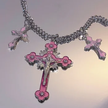 2000s Estetické Black Pink Cross Náhrdelník pre Ženy Vintage Y2k Reťazca Náhrdelníky Dievčatá Harajuku Módne Šperky na Krku Darček