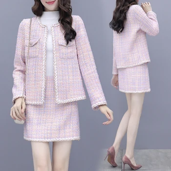 2021 nová jar, jeseň kórejský pink s dlhým rukávom Sukne Nastaviť módne dvoch-dielny set vyhovovali ensemble femme survetement