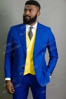 3 Kusy Muži Obleky Pre Svadobné Šaty 2020 Žltá Vesta Classic Kráľovská Modrá Blazer Business Prom Vyhovuje Groomsmen Ženícha Mens Tuxedo