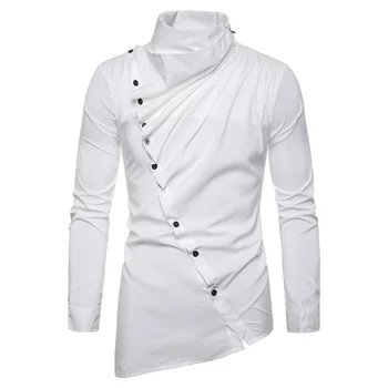 #4670 Asymetrické Tričko Mužov Dlhý Rukáv Šikmé Tlačidlá Nepravidelný Mens Košele Bežné Slim Fit Euro Veľkosť Kvalitnú Módu