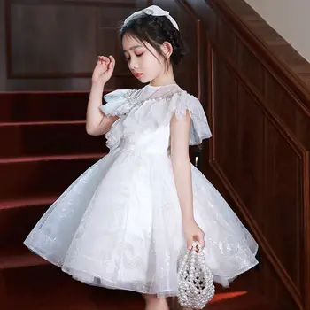 Biele Guľôčky Narodeniny šaty pre Dieťa Dievča Jar Leto Lístkového Rukávy 1-14 Rokov Párty pre Deti guľové Šaty Tylu Princezná Šaty