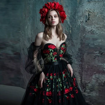 Caroline Čierne Sexy Páse s nástrojmi Ruže Kvet Lístkového Rukávov Večerné Šaty Ilúzie A-line Prom Party Šaty na Zákazku Šaty De Soirée
