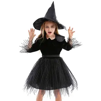 Dievčatá Čarodejnice Halloween Kostým Súťaž: Cosplay Kostým Party Šaty A Klobúk Drahý Halloween Čarodejnice Zdobiť Nastaviť Pre Deti