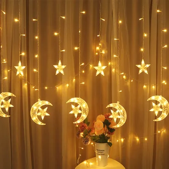 EID Mubarak Decoraion pre Domáce Moon Star LED Záves Svetlo String Garland Islamskej Moslimskej Strany Al Adha Ramadánu Vianočný Dekor
