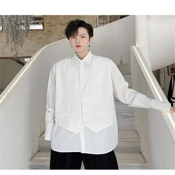 Jeseň mužov falošné dve dlhé rukávy košele osobné vesta spojov dizajnu kórejskej kaderníctvo voľné jednofarebné tričko