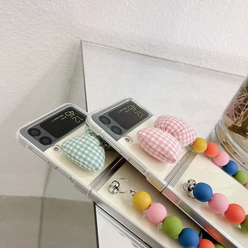 Kórea Dievča Farebné Guľôčky Zápästie Reťazca Telefón puzdro Pre Samsung Galaxy Z Flip 3 5G Roztomilý 3D Plnené Koberčeky Bowknot Jasné Pevného PC Kryt