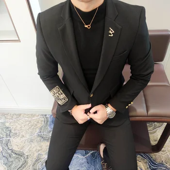 Kórejský Slim Luxusné Výšivky 2 Kus Sako Bunda+nohavice Kostým Homme Manželstva Kabát Nohavice Vzory Kráľovskej Modrej Farby Muž