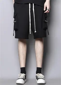 Letné tmavo čierne módne tether nohavice vrecká na zips, nohavice elastický pás bežné nohavice pánske trend