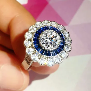 Luxusné Plnú White Blue CZ Zirkón Kvet Prstene pre Ženy, jej Angažovanosť snubný Prsteň Svadobné Šperky Kúzlo Crystal Krúžky Dary