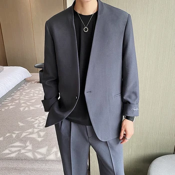 Muži Kórejský Harajuku Streetwear Módne Trendy Collarless Jediného Tlačidla Blejzre Sako Muž Voľné Bežné Vyhovovali Kabát, Sako