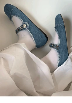 Móda Žena Topánky Reťazca Pearl Denim Modrá Vysoké Podpätky Žien Silné Päty Čerpadlá Mary Jane Bežné Byty Zapatos De Mujer