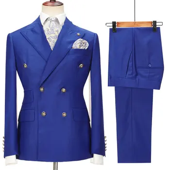 Na mieru Vyrobené Kráľovská Modrá Svadobné Tuxedos Pánske Obleky Dvojité Breasted Ženícha Najlepší Muž Formálne Business Sako 2 ks (Bunda+Nohavice)