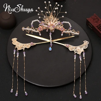 NiuShuya Nové Hanfu Kostým Svadobné Headdress Čínske Vlasy Príslušenstvo Crystal Pearl Flower Svadobné Šperky