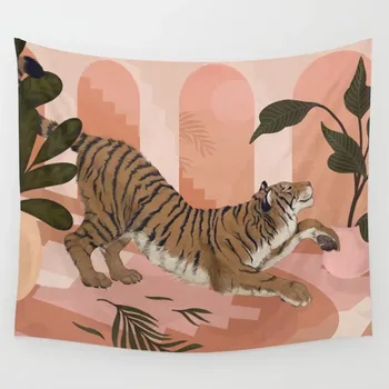 Nordic Tiger Gobelín Zvierat Tropické Listy, Ružové Internátu, Dekorácie Cartoon Vzor Umenie Gobelín Stene Visí Boho Domova