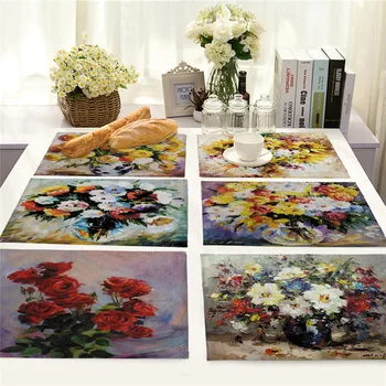 Olejomaľba Kvet Placemat pre Jedálenský Stôl Ruže, Kvety Dráha Tvorivé Vytlačené Tepelne-odolné Kuchyňa Jedálenský Príslušenstvo
