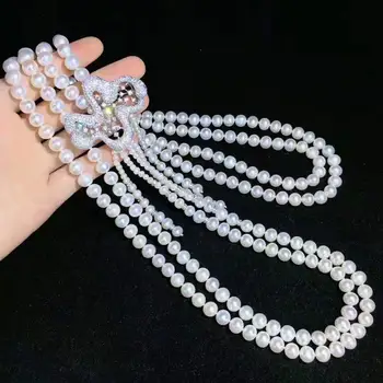 Ručne viazané 100-110 cm 2strands bielych sladkovodných perál micro vložkou zirkón príslušenstvo strapec prívesok náhrdelník módne šperky