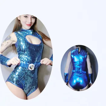 Sexy Modré Sequin Kombinézach Spevák Oblečenie DJ Ženské Nové Viesť Tanečné Šaty Bar Kostým Fáze Lesklé Jazz tanečné kostýmy pre dievčatá