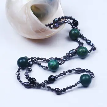Slávne sivá sladkovodné perly semi-precious stone crystal strand náhrdelník zeleného kameňa perličiek boho náhrdelník najlepší darček pre ňu