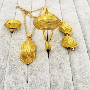Stredný Východ-Dubaj Ženy Prívesok Náušnice Šperky Set Afrického Svadobné Žlté Zlato Farba Geometrie Tvarované Darček