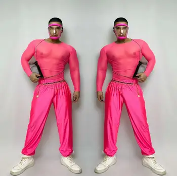 Svalové Muž Sexy Fáze Gogo Kostým Ružová Oka Topy, Nohavice Transparentné Pól Tanečné Predstavenie Oblečenie Klub Rave Party Show Oblečenie