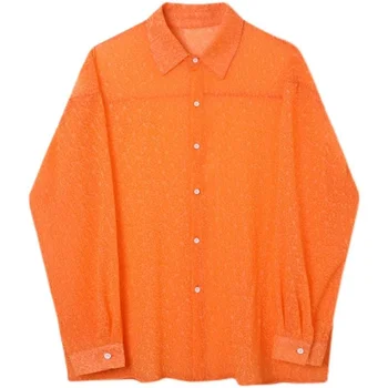 Tenké Jar Transparentné Opaľovací Krém Tričko S Dlhým Rukávom Osobné Násobne Jasná Oranžová Červená Módne Topy Nadrozmerné Oblečenie