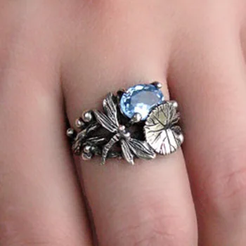 Vintage Blue Zirkón Crystal Krúžky Vyhlásenie Zapojenie Šperky, Doplnky, Módne Dragonfly Lotosový Kvet Prstene pre Ženy