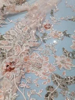 Vysoká Kvalita Broskyňa Crystal Ťažké Ručné Nášivka Korálkové Čipky Textílie Vyšívané Sequin Pre Svadobné Šaty Africkej Ženy Móda