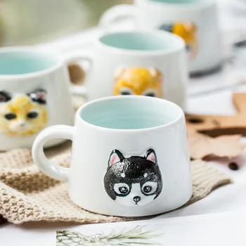 Zábava 3D mačka hlavu keramické šálku kávy Jednoduché a roztomilý kreslený psa keramický hrnček