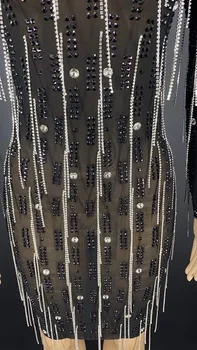 Čierna Sivá Lesklá Crystal Kamienkami Fringe Strapec Dlhé Rukávy Sexy Ženy Šaty Nočný Klub Strany Oblečenie Fáze Prom Kostým