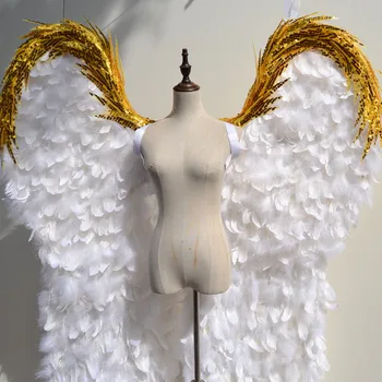 Čisto Biely so zlatým dospelých anjel krídla na móle bielizeň zobraziť rekvizity 2.2 m Vysoký, Obrovský dospelých perie krídel