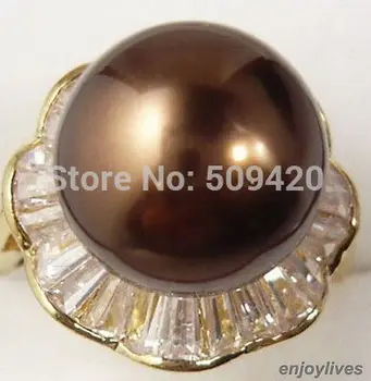Čokoládovo Hnedá South Sea Shell Perly Crystal Kvet Zlatý Prsteň Veľkosti: 7.8.9