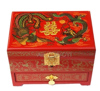 Čínsky 3 Vrstvy Dreva Dragon Phoenix Maľovanie Šperky Okno so Zrkadlom Čaro Svadby Skladovanie Šperky Box Kontajner puzdro