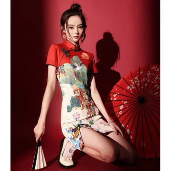 Čínsky Módy Tlače Šaty Žien Lete Krátky Rukáv Národnej Štýl Cheongsam 2022 Moderné Zlepšiť Vintage Elegantný Štíhly Qipao
