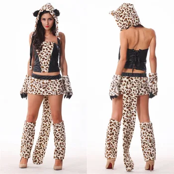 Žena Halloween Cosplay Kostýmy, Sexy Zvierat Leoparda, Tigra, Cosplay Kostýmy Leopard Top Sukne Klobúk 5 ks Nastaviť Karneval Deguisement